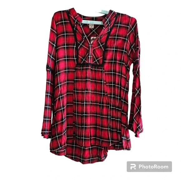 Lola P. Women’s L Boho Peasant Plaid Lace Trimmed Bell Sleeve Tunic Relaxed NWT - Picture 1 of 14